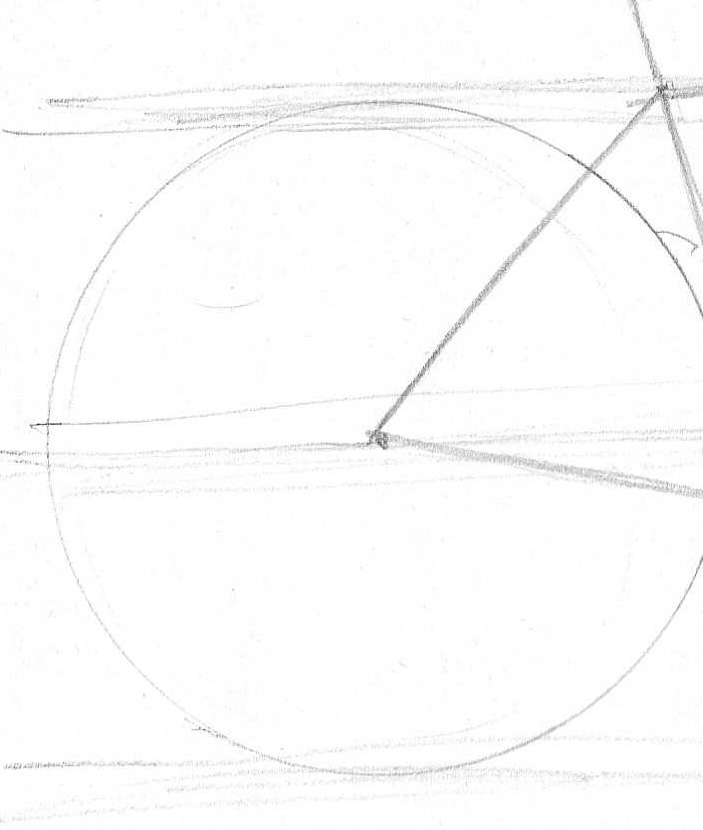 Early pencil sketch: a wheel and two frame lines meeting at the hub